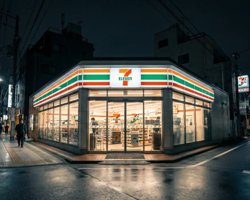 Guía definitiva de los konbini en japón: 7-eleven vs lawson vs familymart - 7 eleven La inconfundible fachada iluminada de un 7-eleven en el japón de 2026, un símbolo de conveniencia y seguridad disponible las 24 horas.