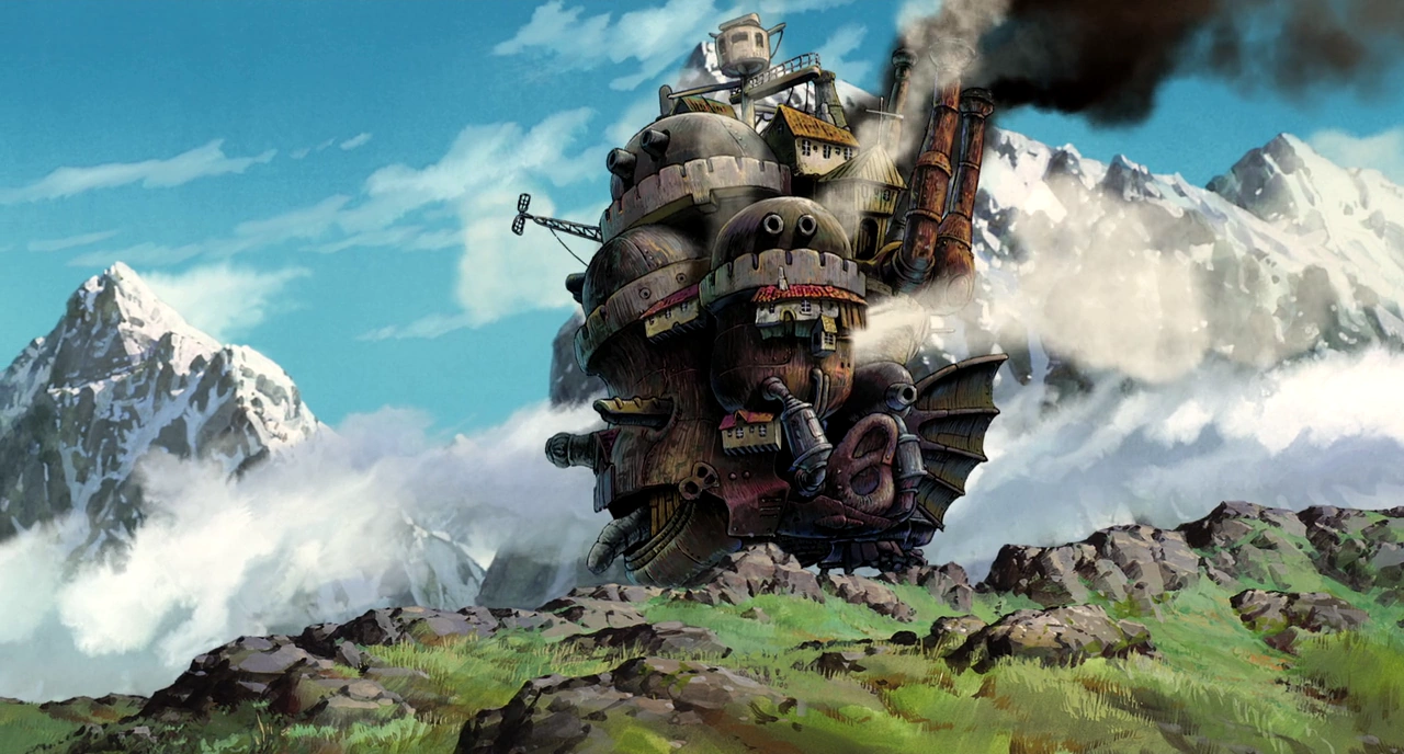 12 secretos de el castillo ambulante que solo los fans notaron - el castillo ambulante howl castle Vista exterior completa del diseño steampunk del castillo ambulante moviéndose por las montañas.