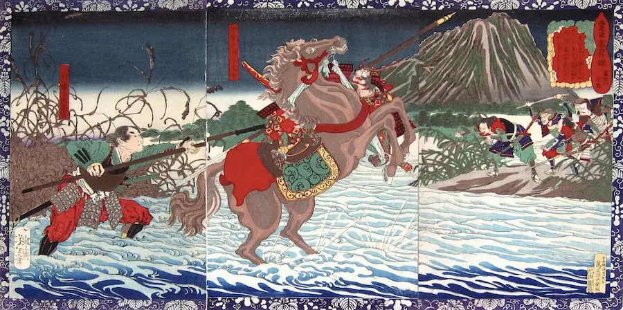 Quién fue toyotomi hideyoshi, el campesino que unificó japón - yoshitoshi toyotomi hideyoshi at fujikawa 1 Grabado ukiyo-e de yoshitoshi que retrata la audacia de toyotomi hideyoshi en fujikawa, capturando la esencia legendaria del unificador a través del arte tradicional japonés