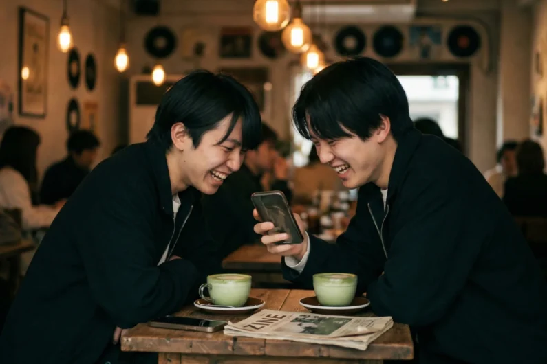 Slang japonés 2026: 7 palabras que usan los jóvenes y no verás en libros - adolescentes gen z cafeteria shimokitazawa tokio matcha Dos adolescentes de la generación z comparten risas genuinas sobre la pantalla de un smartphone en una acogedora cafetería de shimokitazawa, capturando la esencia de la cultura juvenil de tokio en 2026