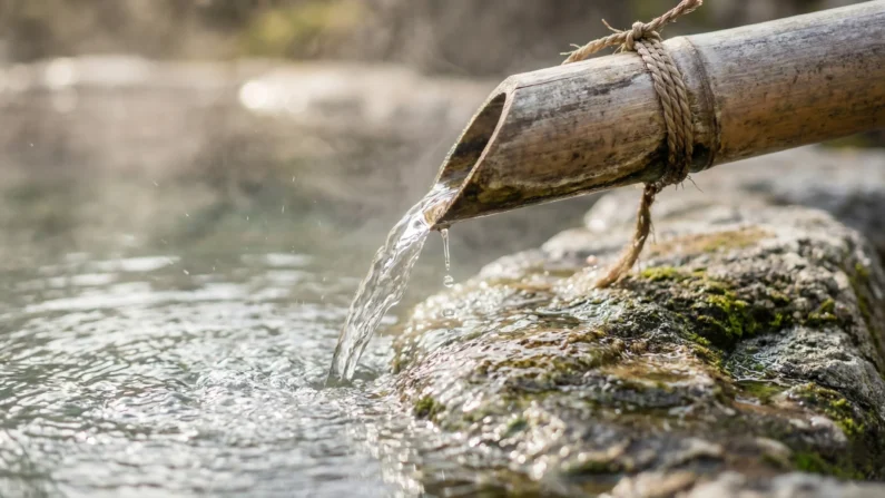Cómo visitar un onsen en japón si tienes tatuajes: guía definitiva "tattoo friendly" - agua termal onsen bambu piedra japon 2026 Agua termal cristalina fluyendo suavemente desde una tubería de bambú hacia la piedra de un onsen tradicional en 2026