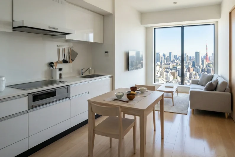 ¿cuánto cuesta realmente vivir en japón un mes? Presupuesto real 2026 - apartamento 1ldk tokio coste vida japon 2026 Un apartamento tipo 1ldk en el centro de tokio en 2026, representando el estándar de vivienda y los elevados costes de alquiler en la capital japonesa