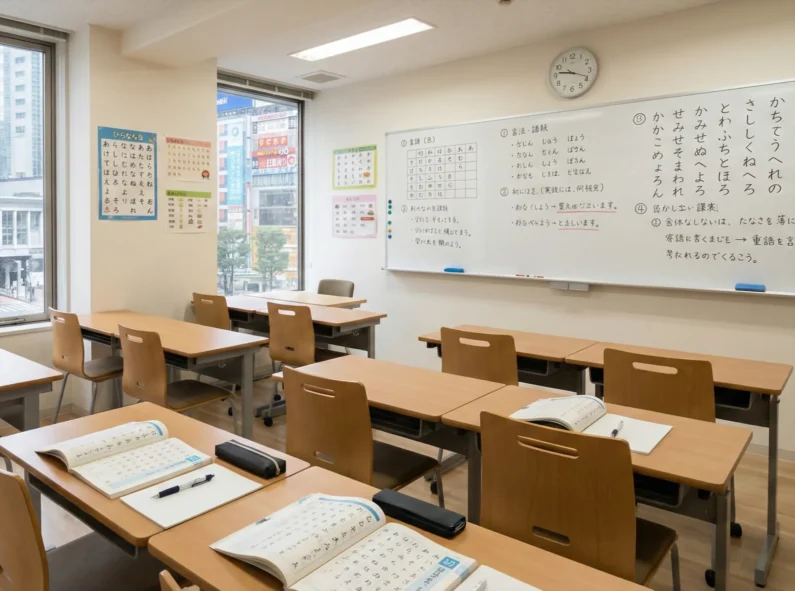 Trucos para entender las partículas 'wa', 'ga' y 'no' de una vez - aula escuela idioma japones shibuya hiragana Un aula de una escuela de idioma japonés en shibuya, tokio