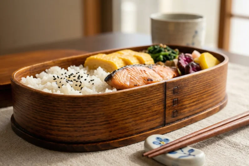 Los 4 niveles de cortesía: cuándo hablar normal y cuándo ser humilde - bento magewappa comida tradicional itadakimasu Un primer plano de un bento magewappa tradicional, capturando la belleza y la humildad cultural del 'itadakimasu' antes de la comida en japón