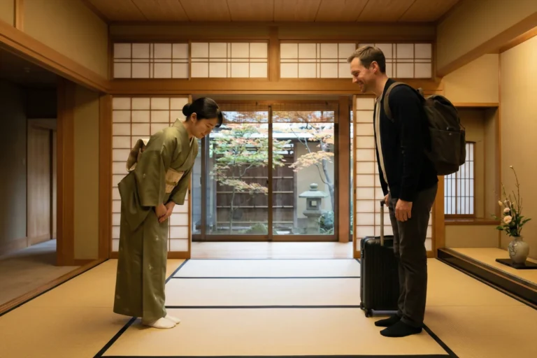 Los 4 niveles de cortesía: cuándo hablar normal y cuándo ser humilde - bienvenida ryokan omotenashi saikeirei etiqueta La reverencia saikeirei en un ryokan tradicional representa el nivel más alto de hospitalidad y respeto en la cultura del omotenashi en japón