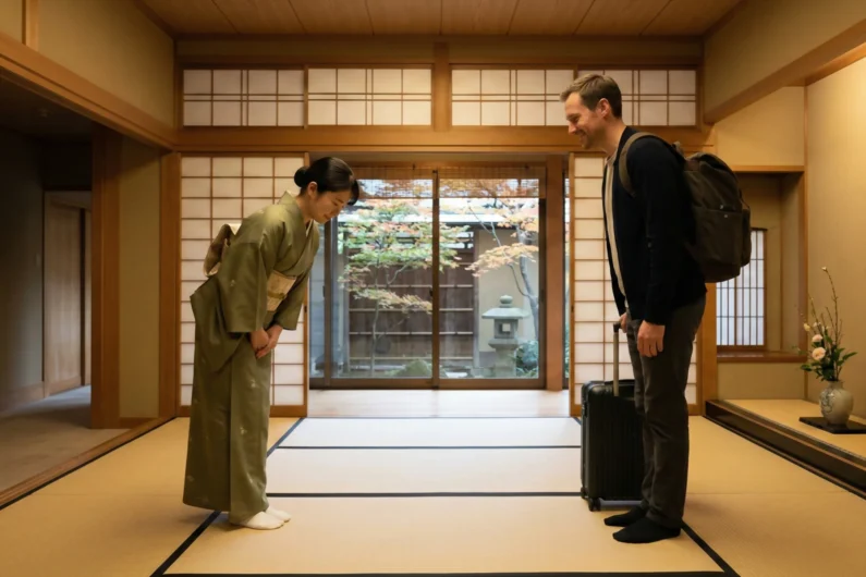 Los 4 niveles de cortesía: cuándo hablar normal y cuándo ser humilde - bienvenida ryokan omotenashi saikeirei etiqueta La reverencia saikeirei en un ryokan tradicional representa el nivel más alto de hospitalidad y respeto en la cultura del omotenashi en japón