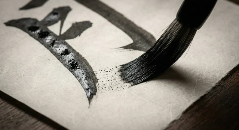 El nombre de los meses en japonés y su versión poética - caligrafia shodo kanji tsuki pincel fude tinta sumi El arte de la caligrafía shodo captura la esencia del kanji de la luna (tsuki), mostrando la precisión del trazo harai y la textura del papel washi