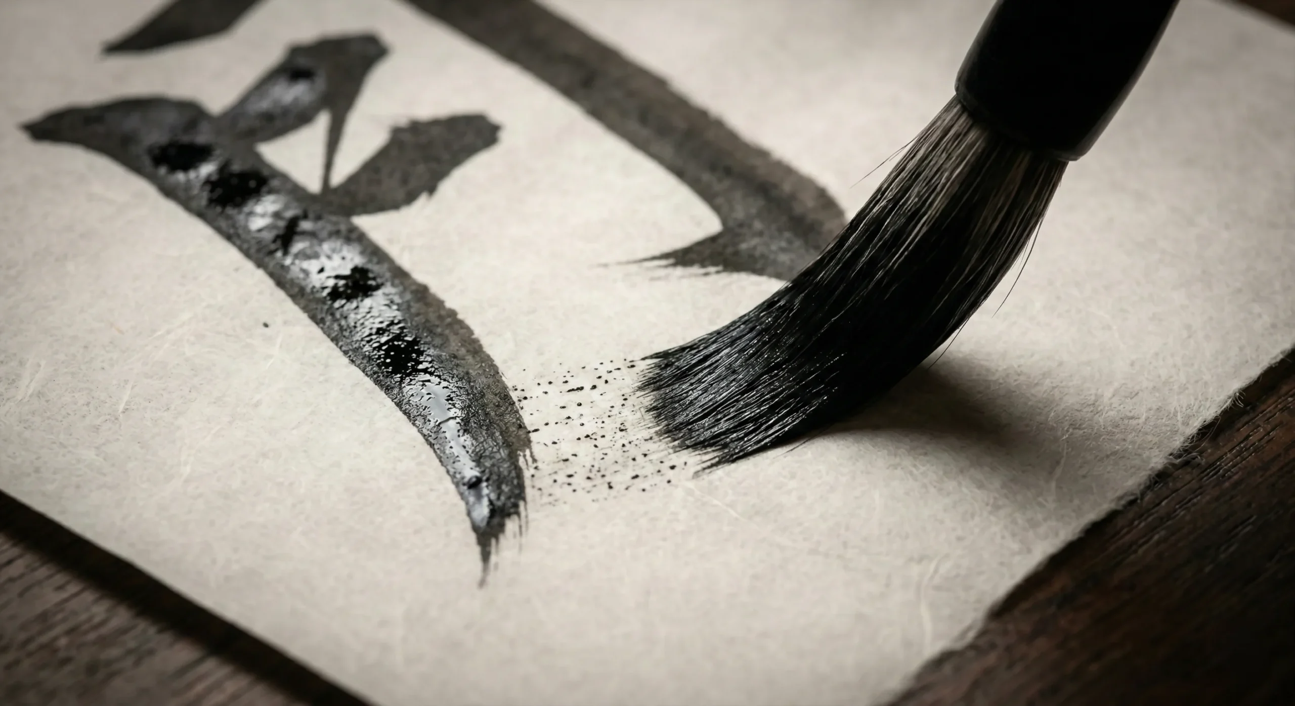 Slang japonés 2026: 7 palabras que usan los jóvenes y no verás en libros - caligrafia shodo kanji tsuki pincel fude tinta sumi scaled El arte de la caligrafía shodo captura la esencia del kanji de la luna (tsuki), mostrando la precisión del trazo harai y la textura del papel washi