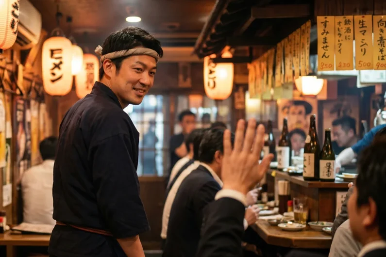 Ni -san ni -kun: cómo dirigirte a un japonés correctamente - camarero izakaya shinjuku golden gai servicio La calidez del servicio en una izakaya de shinjuku: el camarero atiende la llamada de un cliente en el animado ambiente de golden gai