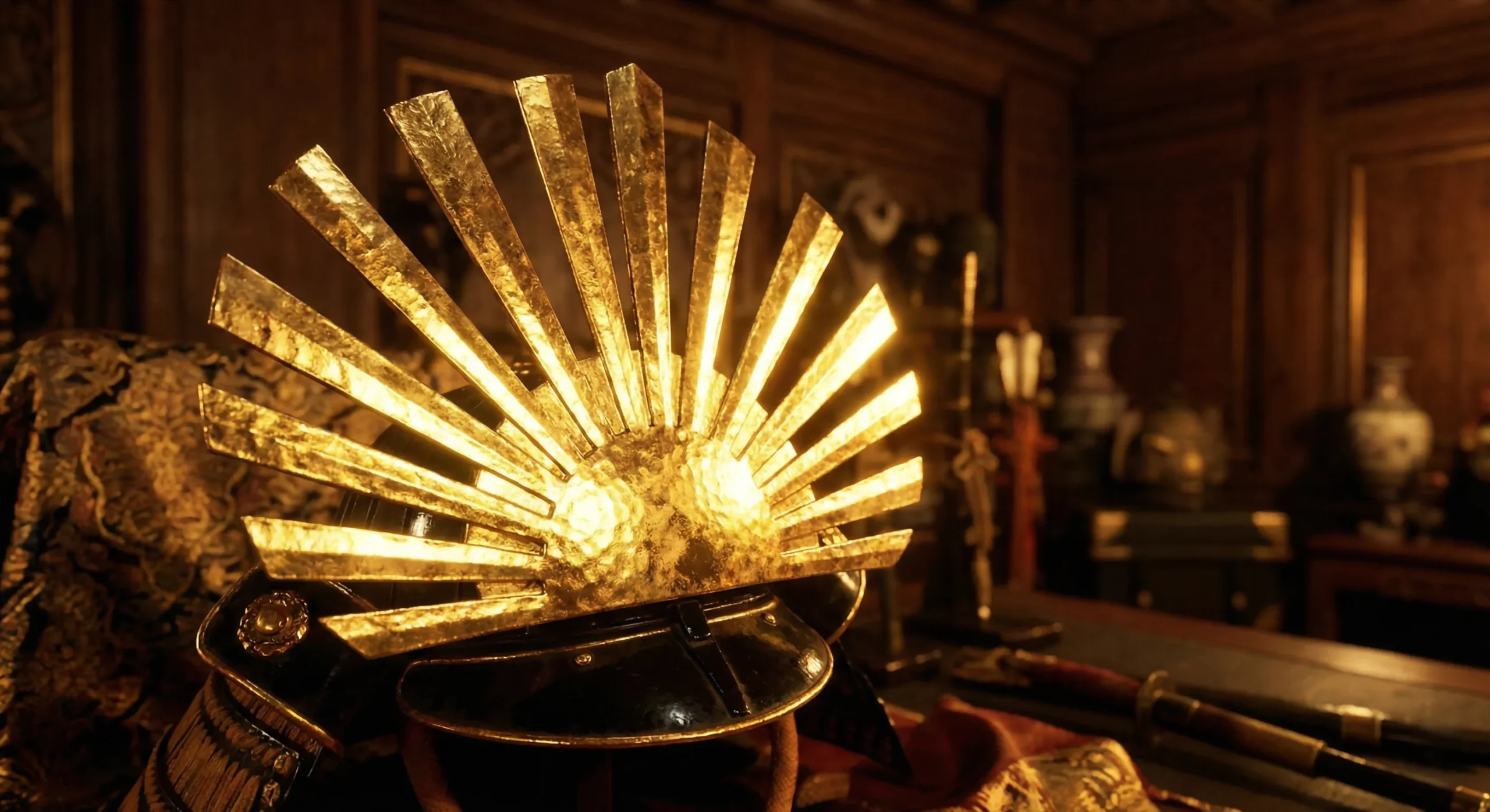 Quién fue toyotomi hideyoshi, el campesino que unificó japón - casco dorado toyotomi hideyoshi armadura samurai scaled Detalle del icónico casco con el sol radiante de la armadura dorada de toyotomi hideyoshi