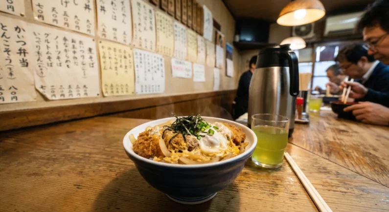 Consejos reales para viajar a japón 2026 por primera vez - comer barato japon shokudo tradicional katsudon Gastronomía japonesa auténtica y económica: un cuenco de katsudon en un shokudo tradicional, ideal para comer bien sin arruinarse