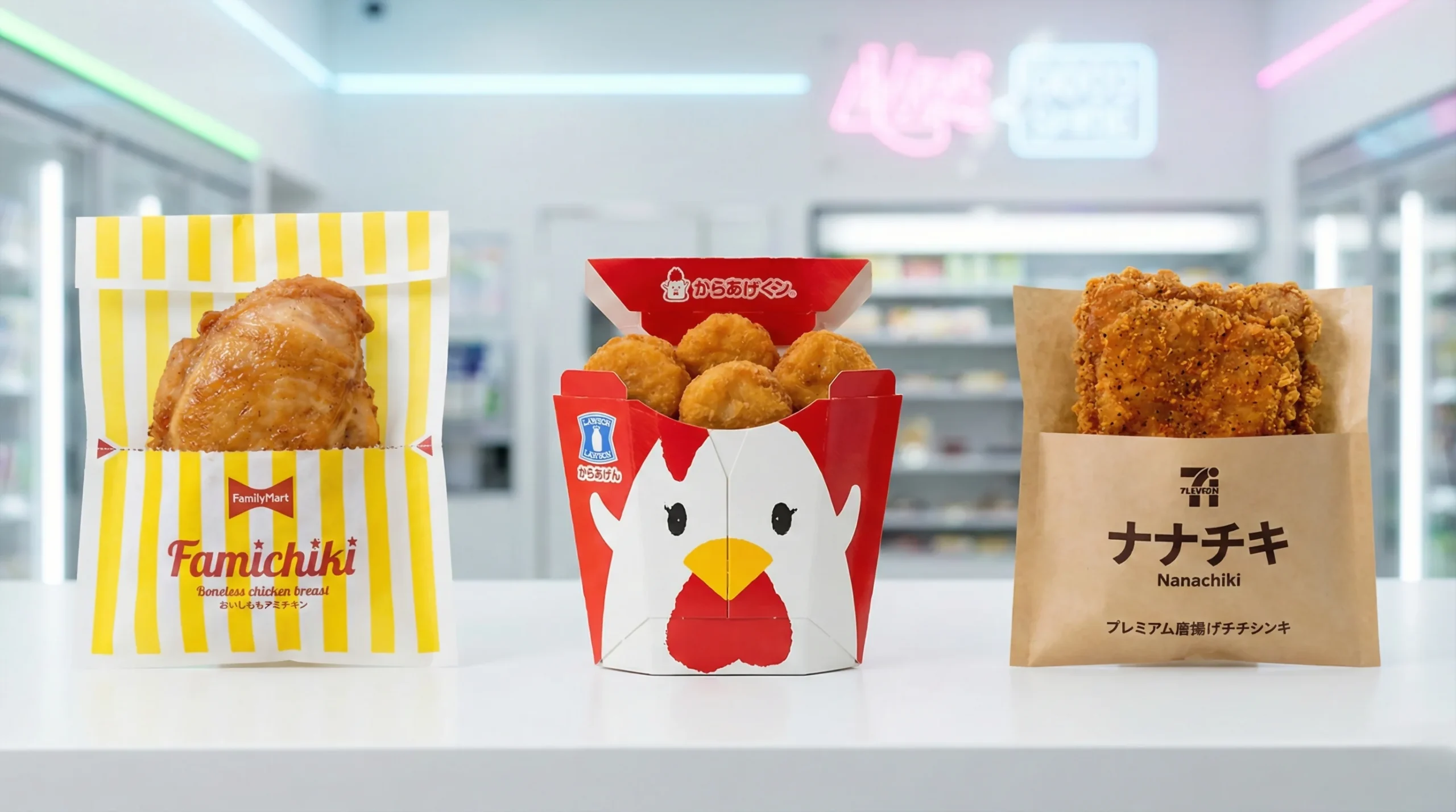 Guía definitiva de los konbini en japón: 7-eleven vs lawson vs familymart - comparativa pollo frito konbini famichiki karaagekun nanachiki scaled Duelo de titanes del pollo frito en el konbini en japón: la jugosidad legendaria del famichiki de familymart frente al icónico karaage-kun de lawson y el crujiente nanachiki de 7-eleven