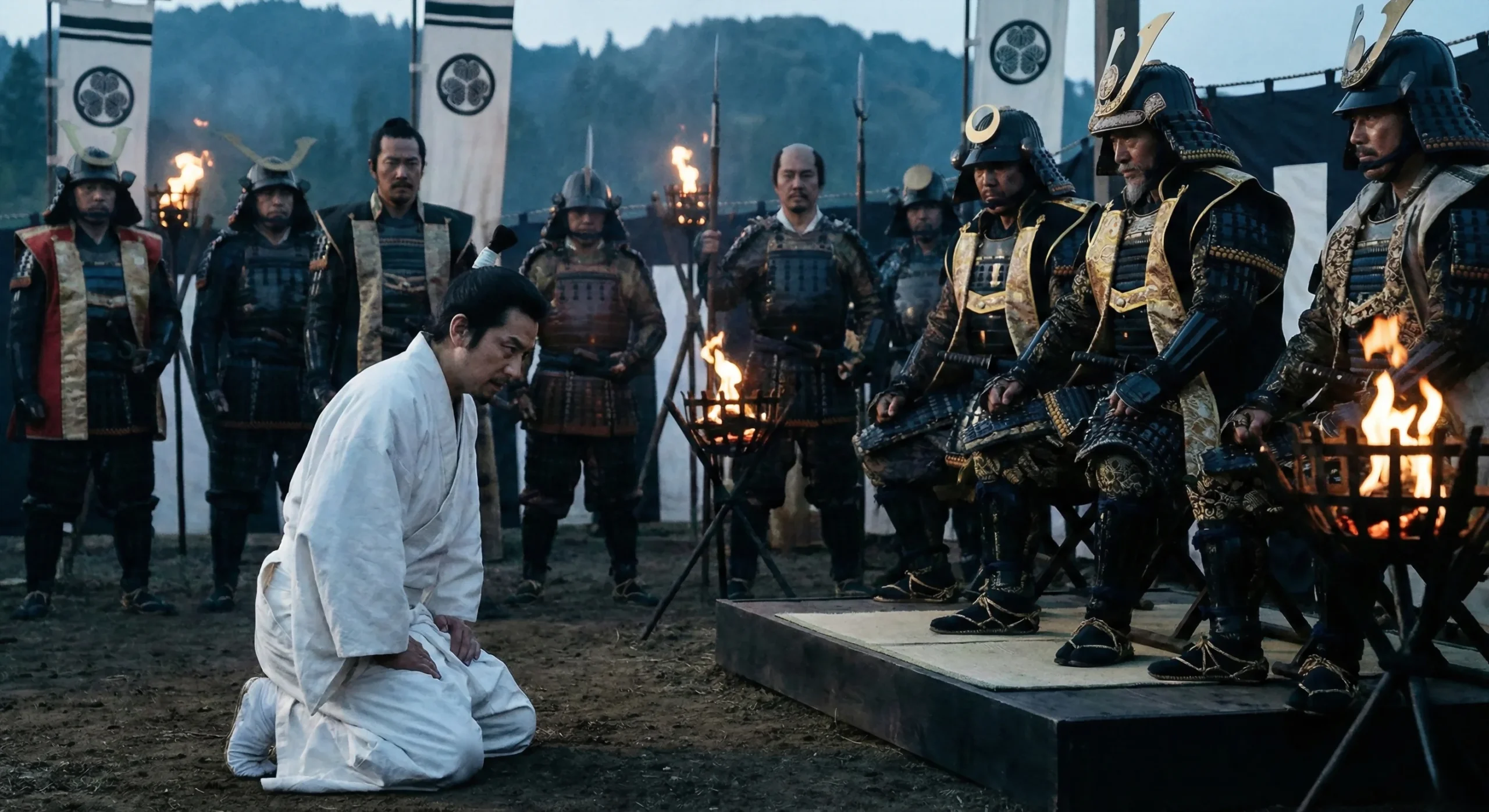 Quién fue date masamune y su legado como el "dragón de un solo ojo" - date masamune ante hideyoshi asedio odawara ropas blancas date mono scaled La legendaria presentación de date masamune vestido de blanco ante hideyoshi durante el asedio de odawara en 1590