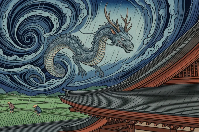 El dragón japonés significado simbolismo y leyendas - dragon japones ryu mitologia leyendas templo 1 El majestuoso ryū, guardián de la fortuna y señor de las lluvias, desciende sobre un templo budista en esta representación de la mitología japonesa