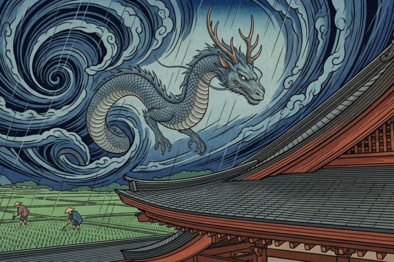 El dragón japonés significado simbolismo y leyendas - dragon japones ryu mitologia leyendas templo 1 El majestuoso ryū, guardián de la fortuna y señor de las lluvias, desciende sobre un templo budista en esta representación de la mitología japonesa