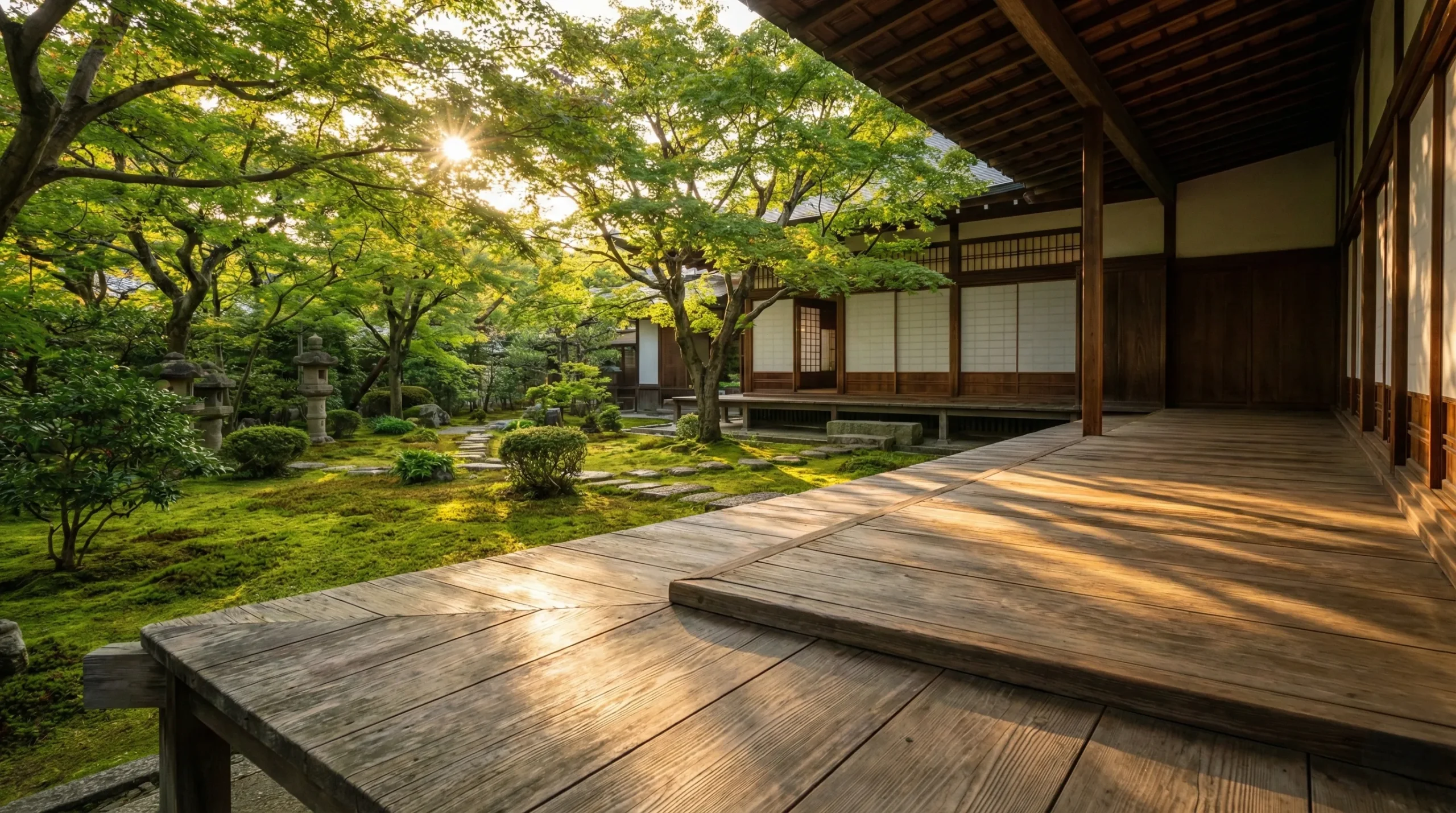 Las 10 palabras japonesas hermosas que debes conocer - engawa tradicional jardin musgo japon zen scaled La serenidad de un engawa tradicional con vistas a un jardín de musgo, capturando la esencia de la arquitectura y naturaleza japonesa