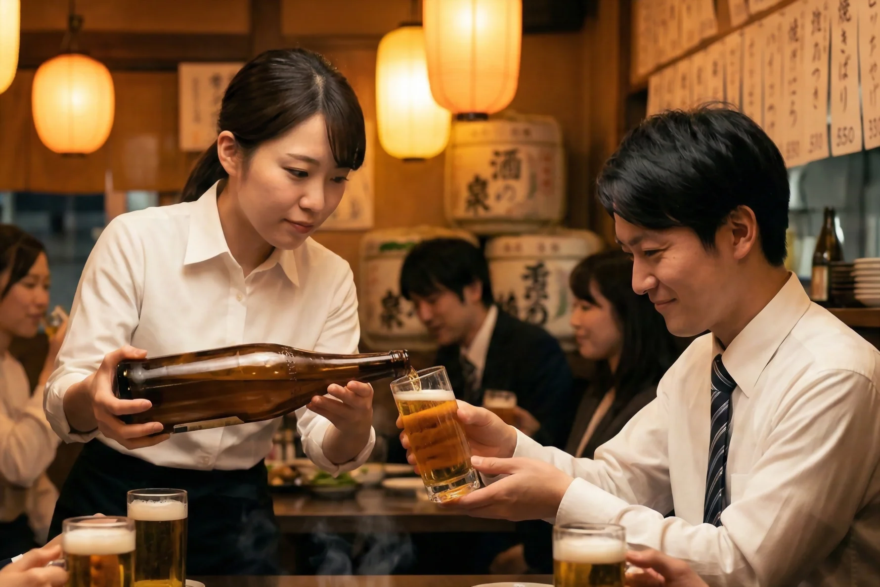 7 cosas de mala educación en japón que los turistas hacen sin saberlo - etiqueta bebida japon oshaku izakaya kanpai El oshaku refuerza los lazos sociales: servir a los demás antes que a uno mismo es la regla de oro en cualquier brindis con 'kanpai'