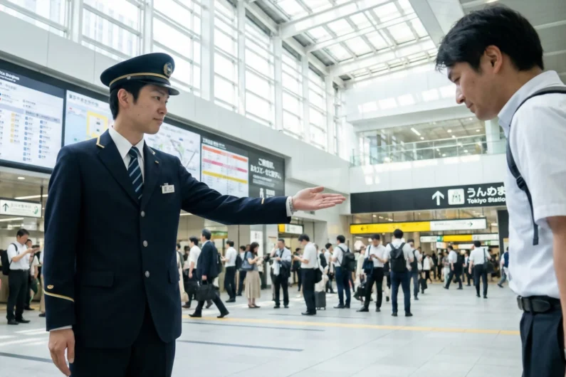 7 cosas de mala educación en japón que los turistas hacen sin saberlo - etiqueta japonesa senalar mano abierta estacion tokio Indicar una dirección con la palma de la mano hacia arriba es la norma de cortesía, evitando el gesto hostil de señalar con el dedo