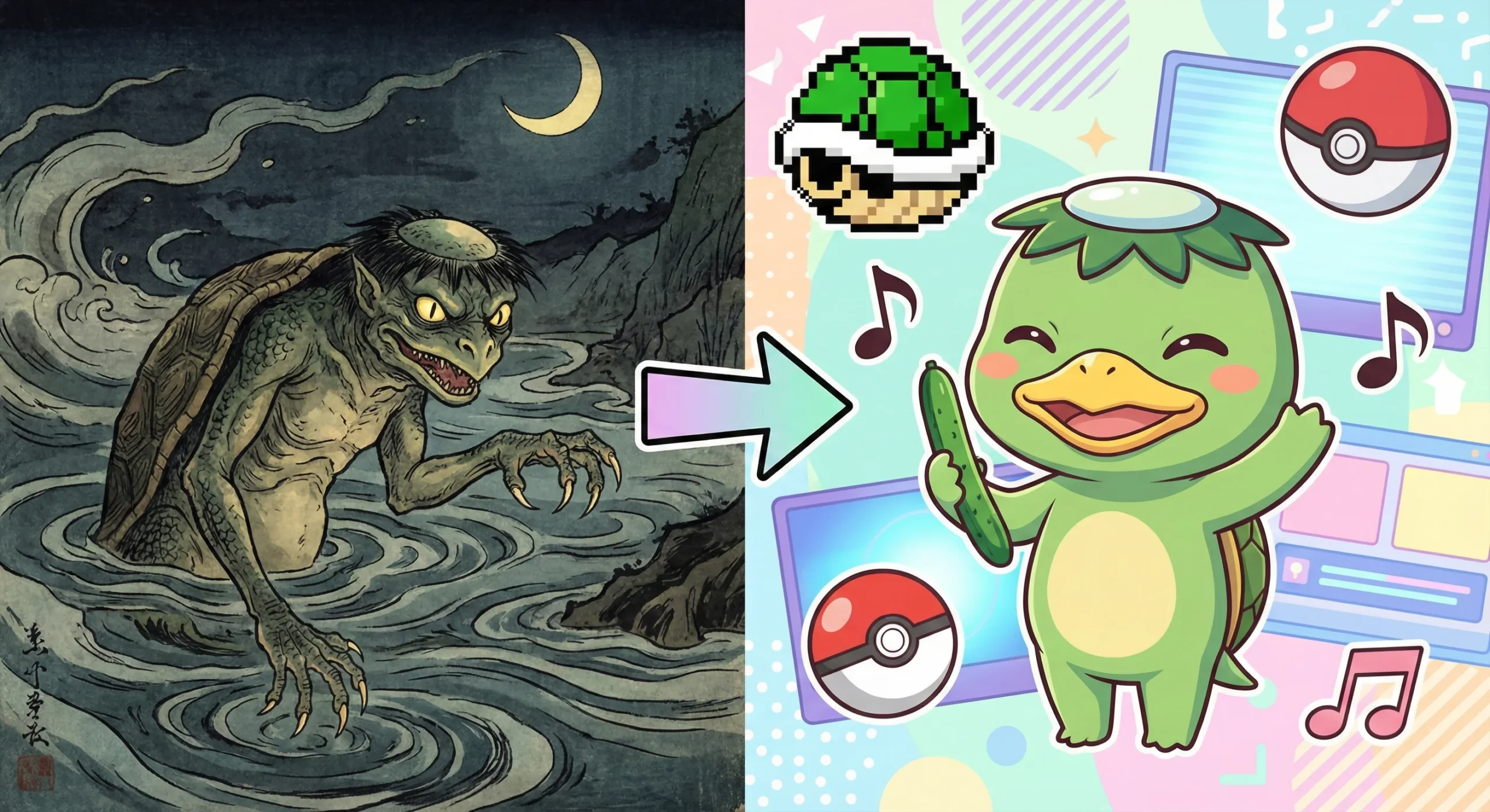 Kappa: el travieso (y peligroso) espíritu del agua en japón - evolucion kappa terror kawaii cultura pop anime videojuegos scaled La transformación del kappa: de temible monstruo fluvial en el folclore antiguo a un icono kawaii en el anime y videojuegos modernos como pokémon o animal crossing.