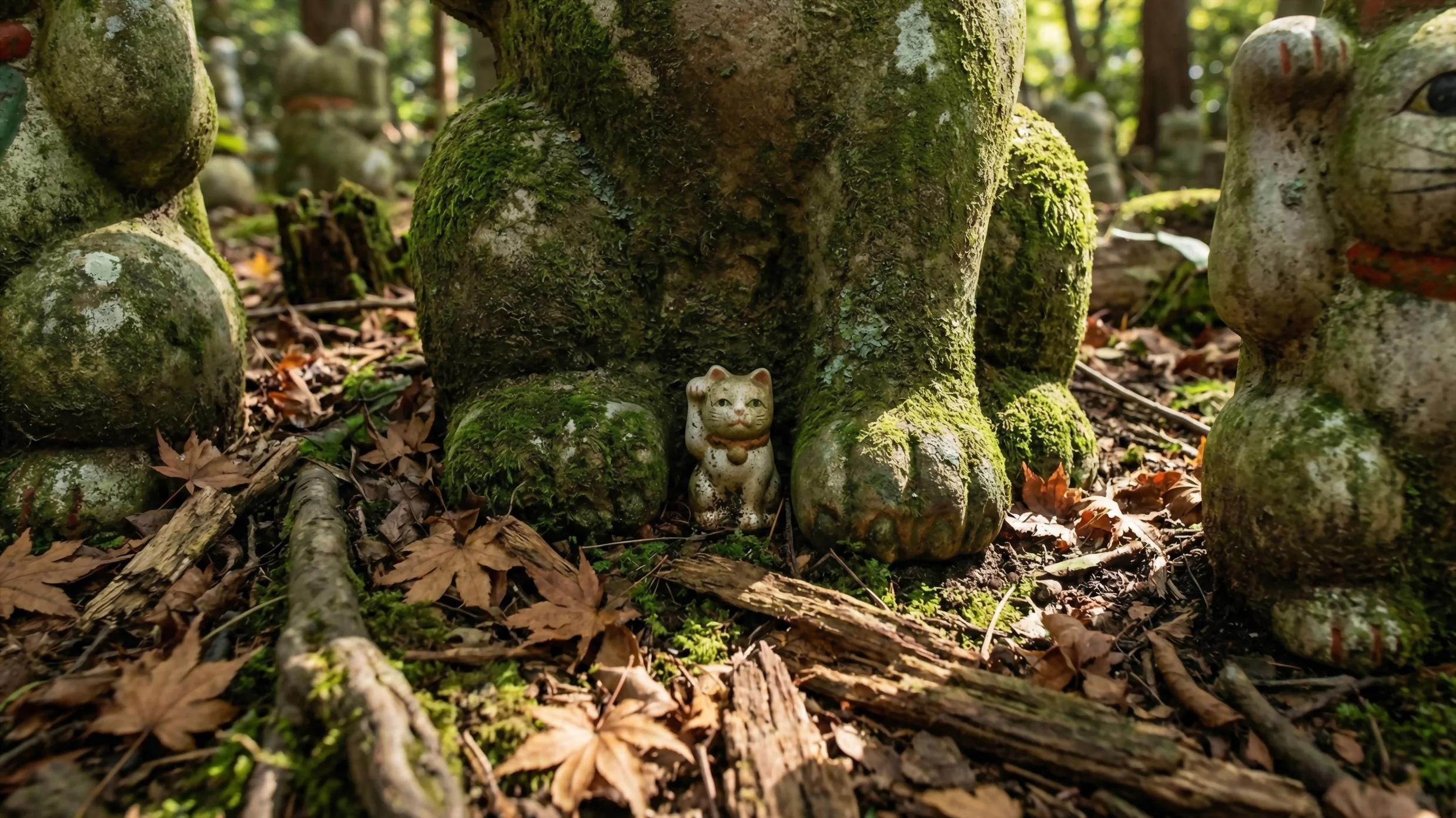 Los secretos de gotokuji y el origen del gato de la suerte - figuras gato suerte antiguas musgo templo gotokuji Figuras antiguas de gatos de la suerte integradas en el jardín de musgo de gotokuji