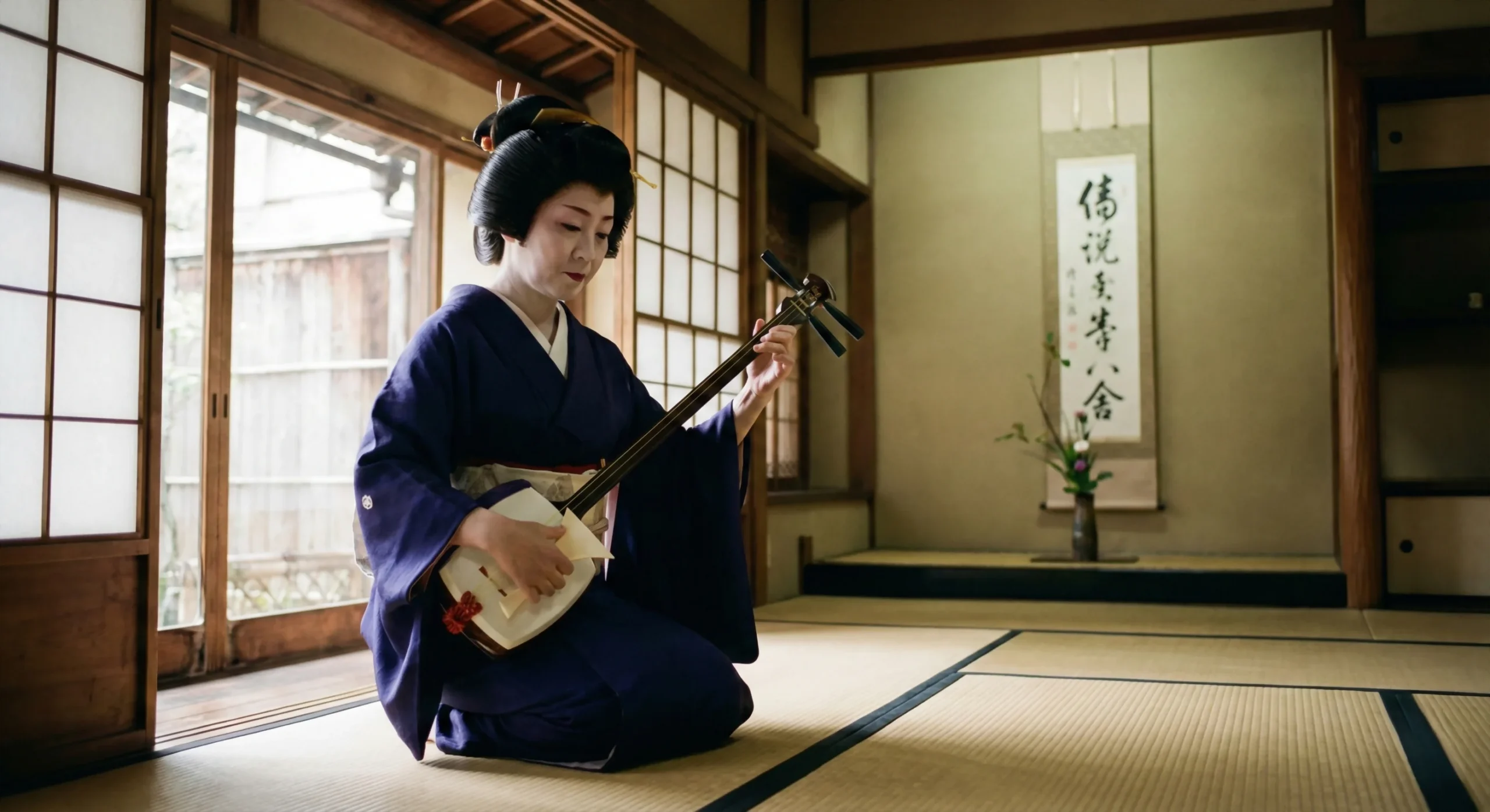 Mitos y realidades de las geishas en japón y dónde encontrarlas 2026 - geiko kyoto tocando shamisen arte tradicional japon scaled Una auténtica geiko de kioto demuestra su maestría con el shamisen, ilustrando el verdadero significado de persona de las artes lejos de los mitos de hollywood