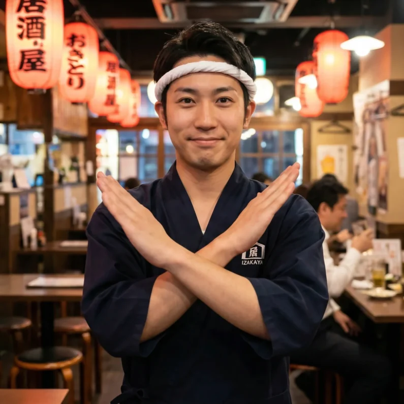 Lenguaje no verbal en japón: evita malentendidos - gesto batsu japones no prohibido Un camarero de izakaya realiza el gesto 'batsu' cruzando los brazos en una 'x', indicando de manera educada que el local está lleno o cerrado