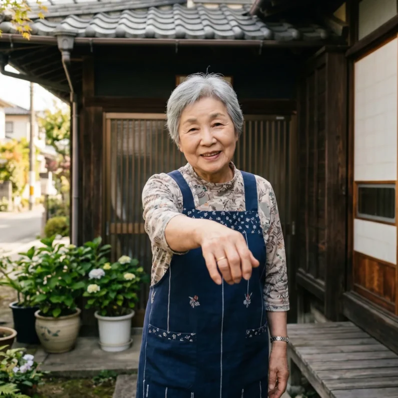 Lenguaje no verbal en japón: evita malentendidos - gesto japones oide ven aqui significado Abuela japonesa realizando el gesto 'oide' con la palma hacia abajo, invitando a alguien a acercarse