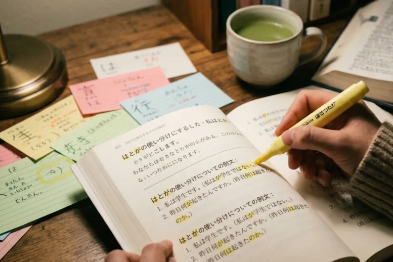 Trucos para entender las partículas 'wa', 'ga' y 'no' de una vez - gramatica japonesa particulas wa ga libro estudio 2026 Un estudiante resaltando la diferencia entre las partículas 'wa' (は) y 'ga' (が) en un libro de gramática japonesa