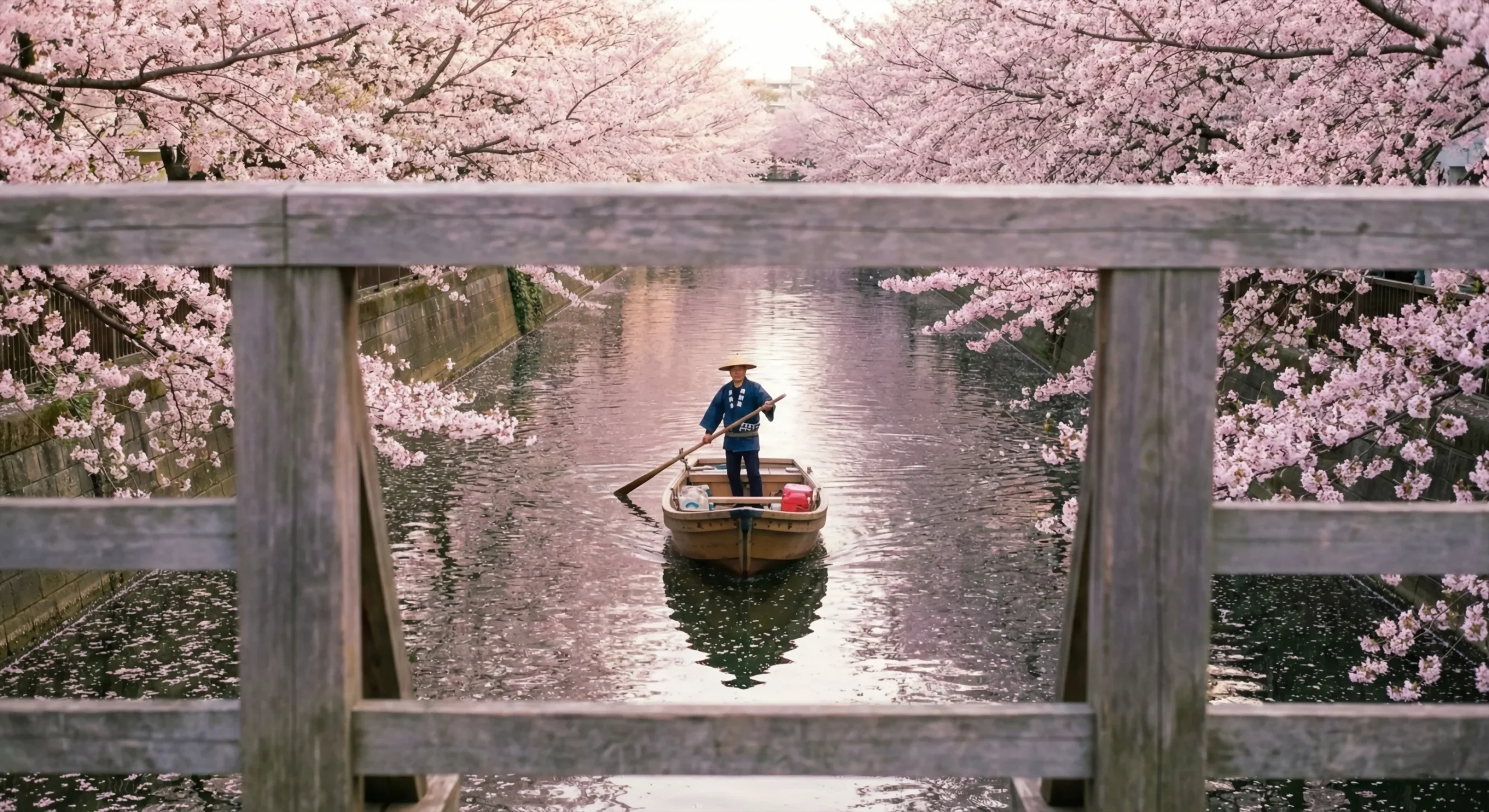 Sakura en tokio 2026: dónde ver cerezos sin multitudes - hanami tradicional barco wasen canales tokio scaled Disfruta del sakura en tokio 2026 a bordo de un wasen tradicional en los canales de fukagawa
