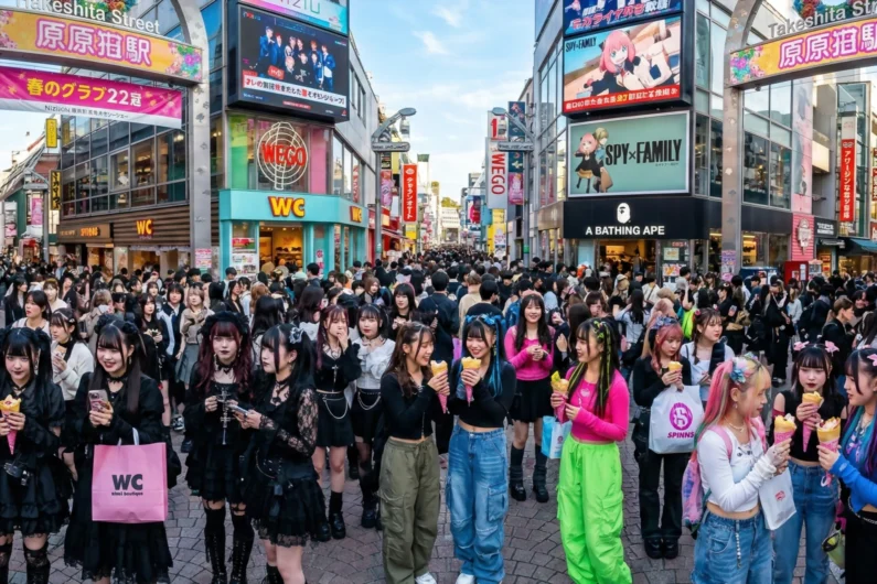 Slang japonés 2026: 7 palabras que usan los jóvenes y no verás en libros - harajuku takeshita street juventud japonesa moda callejera 2026 La calle takeshita en harajuku, el epicentro de la cultura juvenil de tokio en 2026, bulle de energía con adolescentes japoneses gen z y alpha luciendo las últimas tendencias jirai-kei y y2k revival