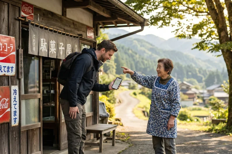 Japonés de supervivencia con 10 frases para zonas rurales - intercambio cultural turista anciana japonesa dagashiya Un turista occidental y una amable residente local comparten un momento de conexión cultural frente a una tienda tradicional en el japón rural. Para eso necesitas el japonés de supervivencia.