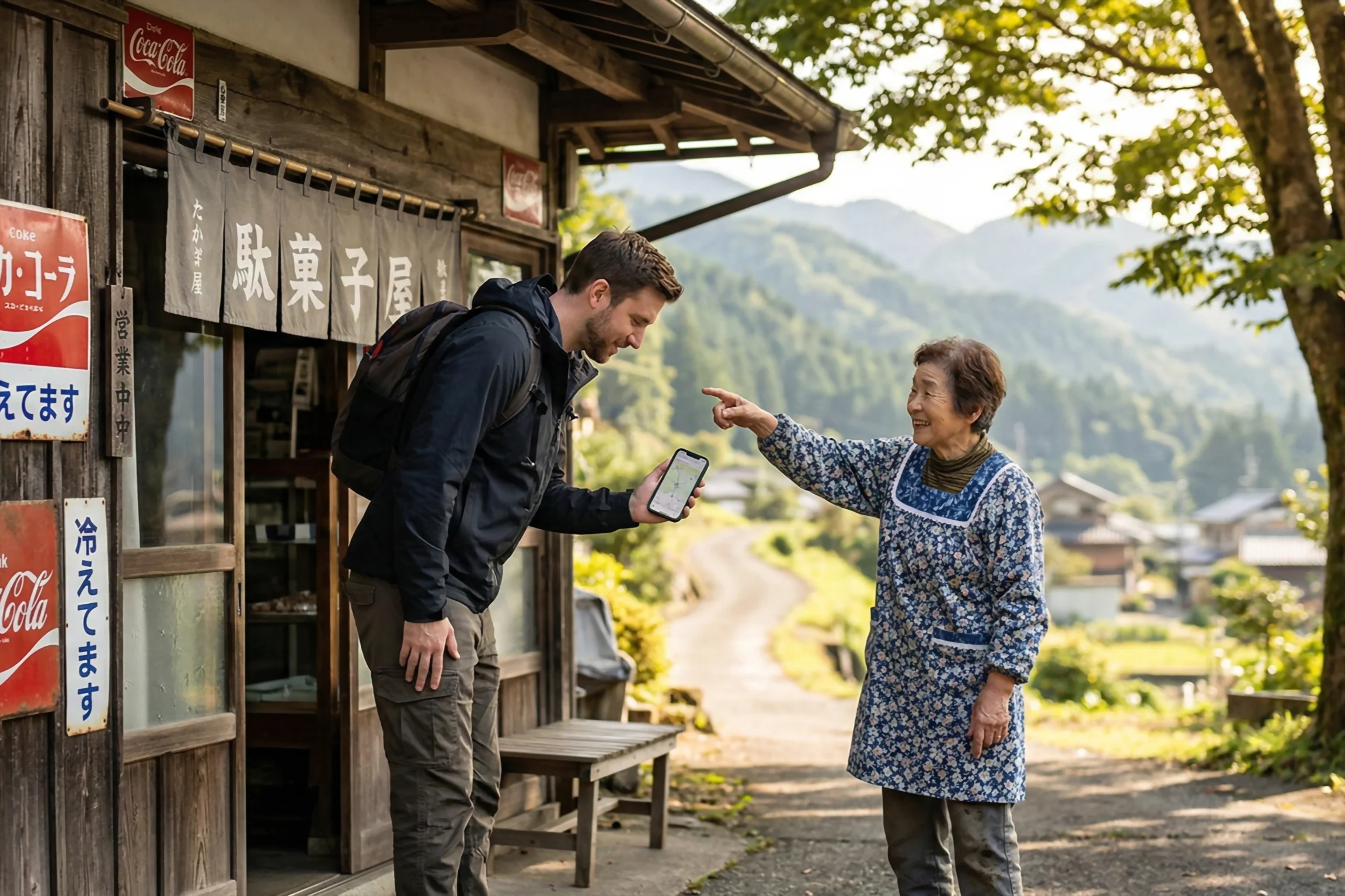 Slang japonés 2026: 7 palabras que usan los jóvenes y no verás en libros - intercambio cultural turista anciana japonesa dagashiya Un turista occidental y una amable residente local comparten un momento de conexión cultural frente a una tienda tradicional en el japón rural. Para eso necesitas el japonés de supervivencia.
