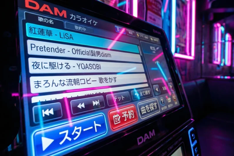 Las 10 canciones de anime más escuchadas: éxitos del anisong - interfaz karaoke japones dam joysound shibuya La interfaz digital de una máquina de karaoke en shibuya muestra la precisión tecnológica y la cultura del entretenimiento nocturno en el japón de 2026