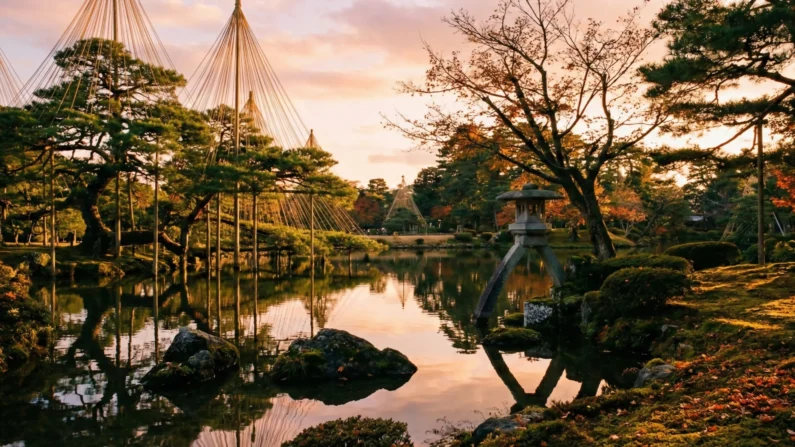 Kanazawa y el secreto para descubrir el japón más auténtico en tu próximo viaje - jardin kenrokuen kanazawa yukitsuri atardecer 2026 Panorámica del jardín kenrokuen en kanazawa con la iluminación del atardecer sobre los pinos protegidos por yukitsuri