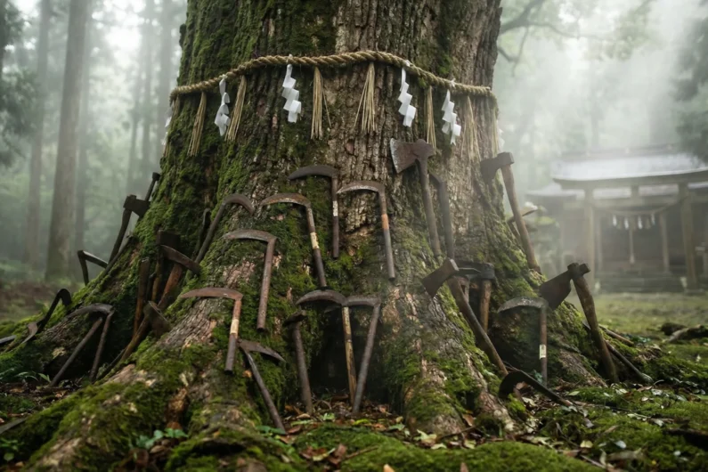 Los 5 templos más embrujados de japón: guía de turismo oscuro - kama hachimangu arbol maldiciones wakayama en kiri El imponente roble de kama hachimangu en wakayama, donde cientos de hoces oxidadas clavadas en su tronco simbolizan el ritual de en-kiri para cortar con la mala suerte