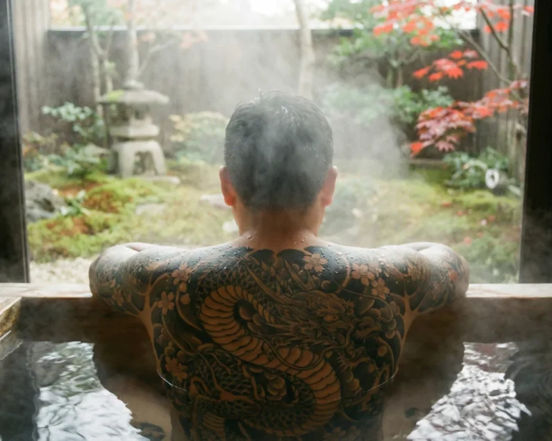 Cómo visitar un onsen en japón si tienes tatuajes: guía definitiva "tattoo friendly" - kashikiri buro onsen privado tatuaje espalda japon 2026 Primer plano de un baño kashikiri-buro privado, la opción de lujo perfecta para disfrutar de las aguas termales sin restricciones por tatuajes este 2026
