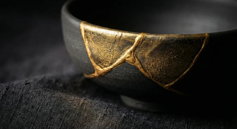 Las 10 palabras japonesas hermosas que debes conocer - kintsugi chawan reparacion oro filosofia wabi sabi El arte del kintsugi transforma las cicatrices de este chawan en hilos de oro, celebrando la imperfección y la resiliencia bajo la estética wabi-sabi. Mezcla de arte y palabras japonesas