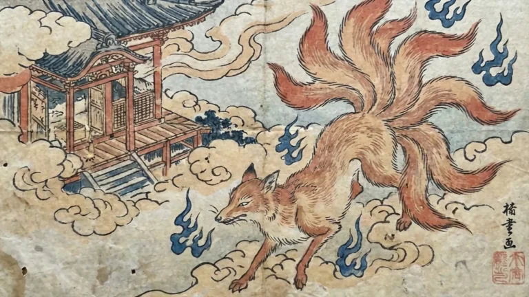 El kitsune en la mitología japonesa y su influencia actual - kitsune mitologia japonesa animal sagrado templo Detalle artístico de un grabado ukiyoe que muestra la iconografía clásica del kitsune