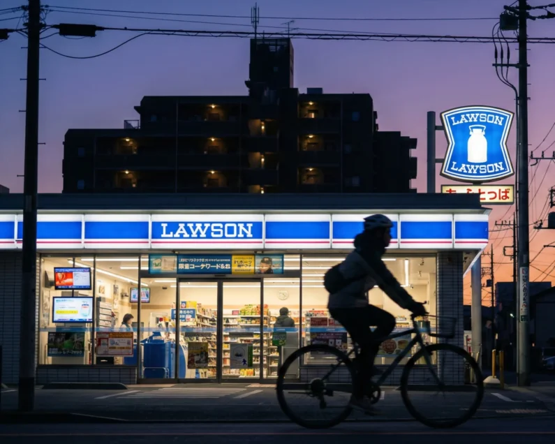 Guía definitiva de los konbini en japón: 7-eleven vs lawson vs familymart - lawson El resplandor azul de un lawson ilumina el camino de los ciclistas en el tokio de 2026, convirtiéndose en un faro de conveniencia al caer el sol