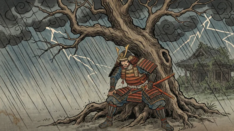 Los secretos de gotokuji y el origen del gato de la suerte - leyenda templo gotokuji daimyo ii naotaka tormenta japonesa El daimyo ii naotaka buscando refugio bajo la tormenta según la leyenda del templo