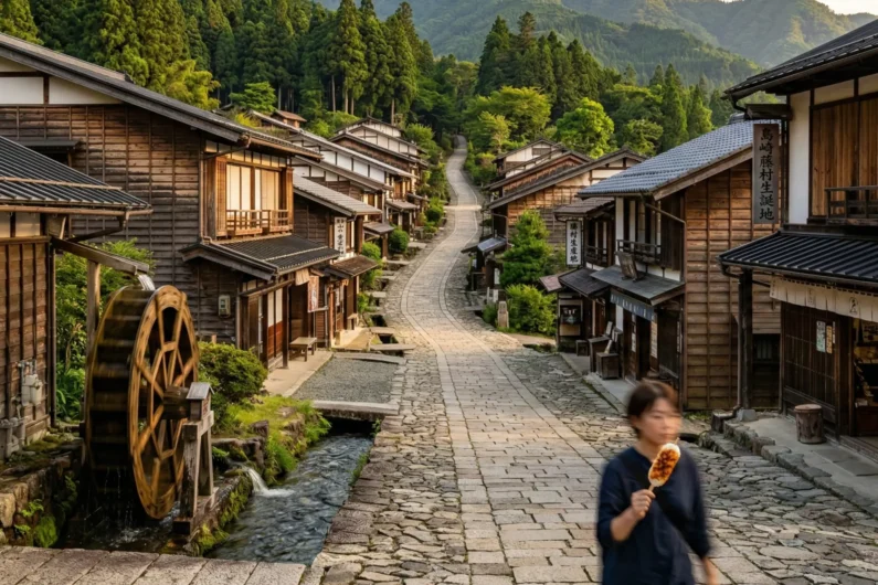 Guía de la ruta nakasendo: senderismo entre magome y tsumago - magome juku pueblo cuesta valle kiso nakasendo Magome juku, mostrando su calle empedrada en una empinada cuesta con molinos de madera y arquitectura tradicional del valle de kiso