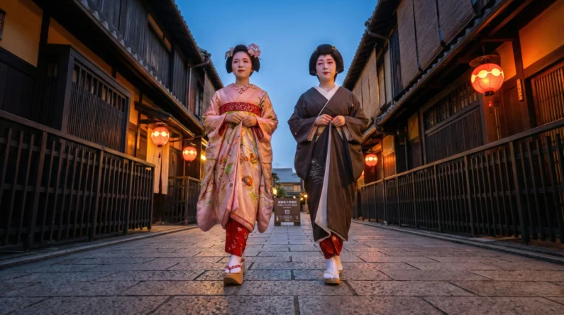 Mitos y realidades de las geishas en japón y dónde encontrarlas 2026 - maiko geiko gion kioto turismo etico 2026 Una maiko y una geisha caminan por gion en 2026, representando la evolución y el respeto por las tradiciones en el kioto moderno