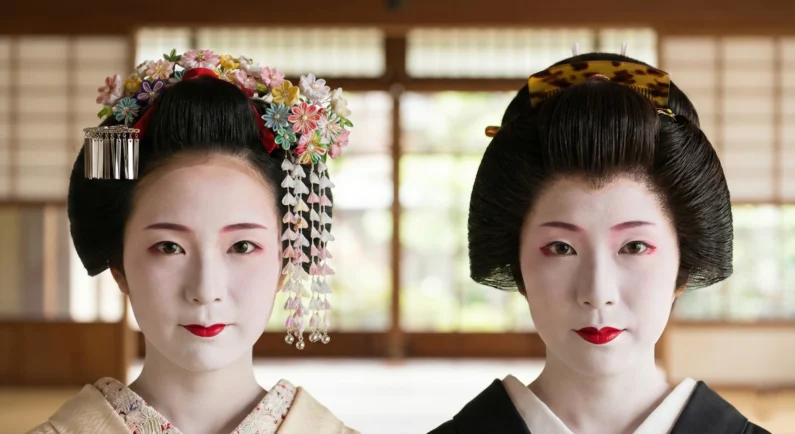 Mitos y realidades de las geishas en japón y dónde encontrarlas 2026 - maquillaje peinado maiko geiko comparacion Diferencias en el maquillaje y peinado: la maiko peina su cabello natural con llamativos kanzashi, mientras la geiko utiliza pelucas shimada más austeras