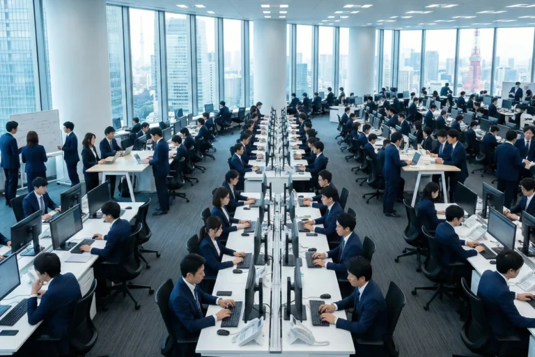 Guía de honoríficos japoneses en el trabajo y diferencias entre -san -sama -dono y -kun - marunouchi oficina abierta tokio corporativa Oficina corporativa en el distrito de marunouchi en tokio, mostrando la cultura de trabajo en equipo donde los honoríficos japoneses se usan constantemente