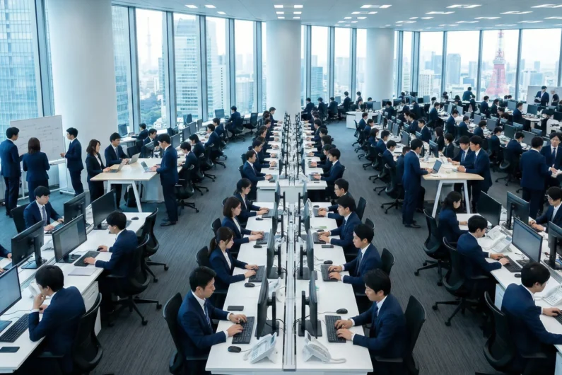 Guía de honoríficos japoneses en el trabajo y diferencias entre -san -sama -dono y -kun - marunouchi oficina abierta tokio corporativa Oficina corporativa en el distrito de marunouchi en tokio, mostrando la cultura de trabajo en equipo donde los honoríficos japoneses se usan constantemente