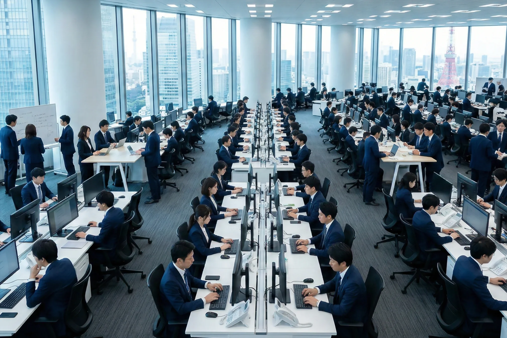 Lenguaje no verbal en japón: evita malentendidos - marunouchi oficina abierta tokio corporativa Oficina corporativa en el distrito de marunouchi en tokio, mostrando la cultura de trabajo en equipo donde los honoríficos japoneses se usan constantemente