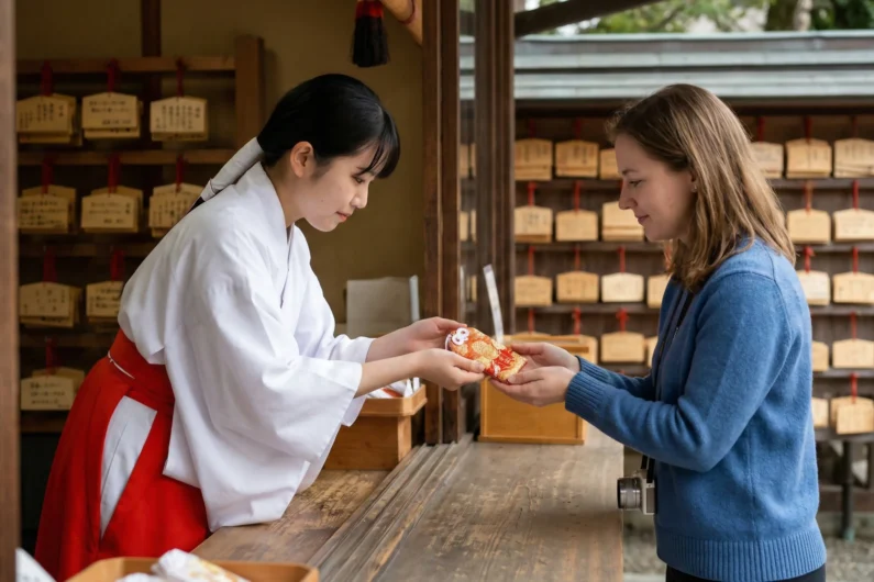 Cómo leer los amuletos japoneses: guía de kanji básico para viajeros - miko entregando omamori turista santuario japon Una miko entrega con respeto un amuleto japonés omamori a una turista occidental en un santuario shinto en el japón de 2026