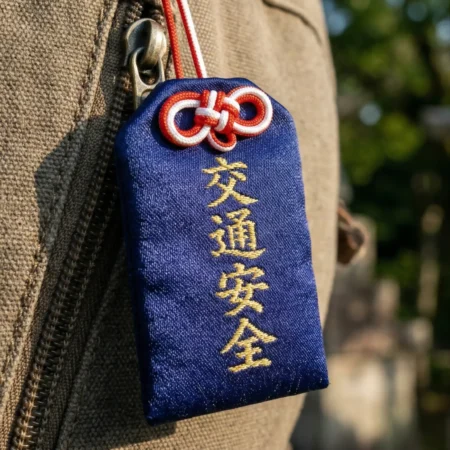 Cómo leer los amuletos japoneses: guía de kanji básico para viajeros - omamori seguridad vial kanji bordado oro japon Un primer plano macro de un omamori de seguridad vial muestra la exquisita artesanía del bordado en hilo de oro sobre seda azul en el japón de 2026