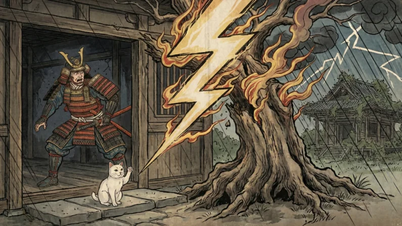 Los secretos de gotokuji y el origen del gato de la suerte - origen maneki neko gato blanco templo gotokuji milagro El gato blanco de gotokuji realizando el gesto que salvó la vida del samurai