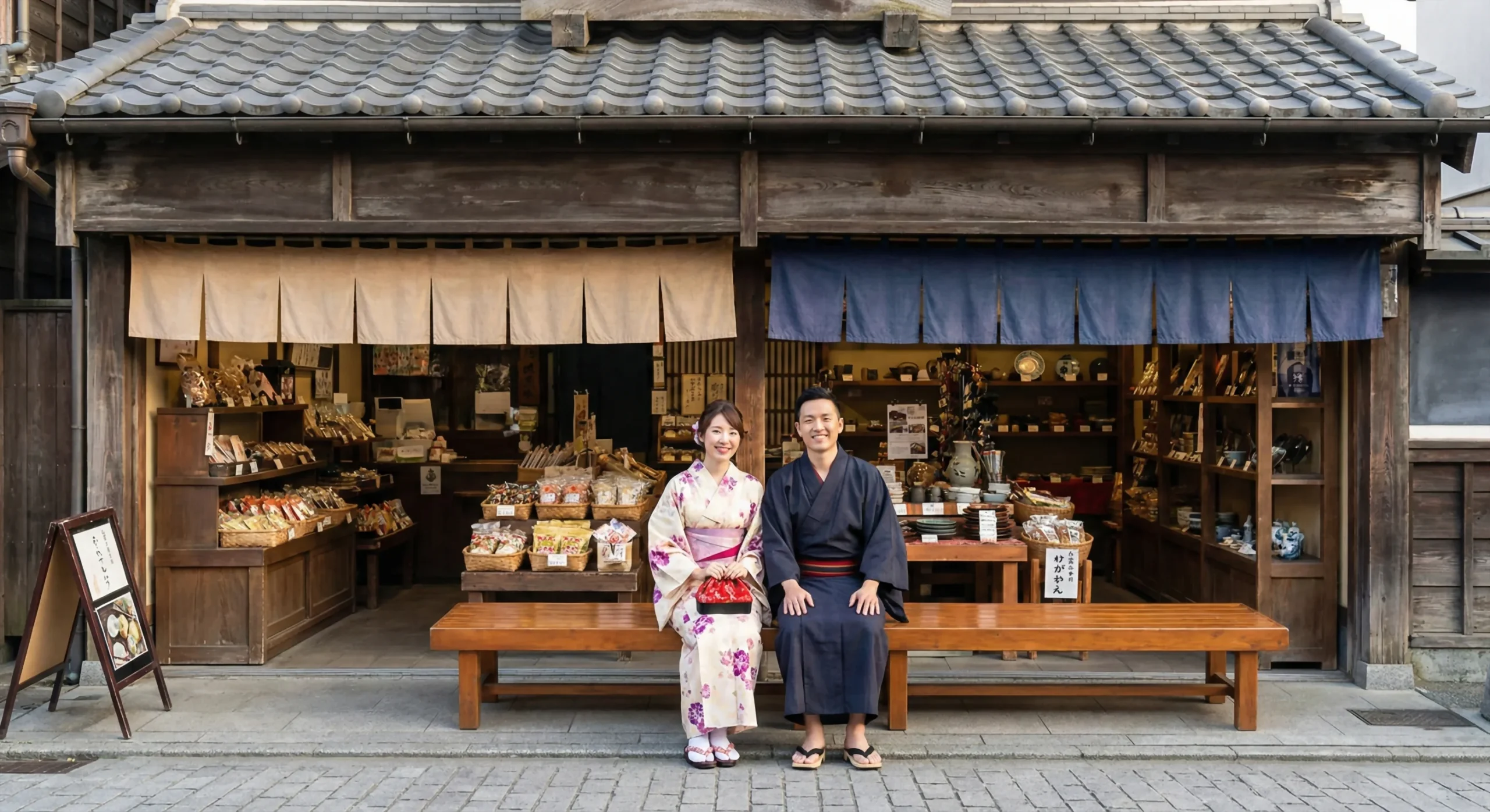 Qué visitar en kawagoe: arquitectura y tradición a un paso de tokio - pareja sentada en banco de calle comercia kashiya yokocho scaled Una pareja disfruta de la tranquilidad y la nostalgia de la era showa en el emblemático callejón kashiya yokocho de kawagoe